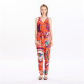 Hot Sale Summer Adult Satin Printed V Neck Sleeveless Jumpsuits For Women